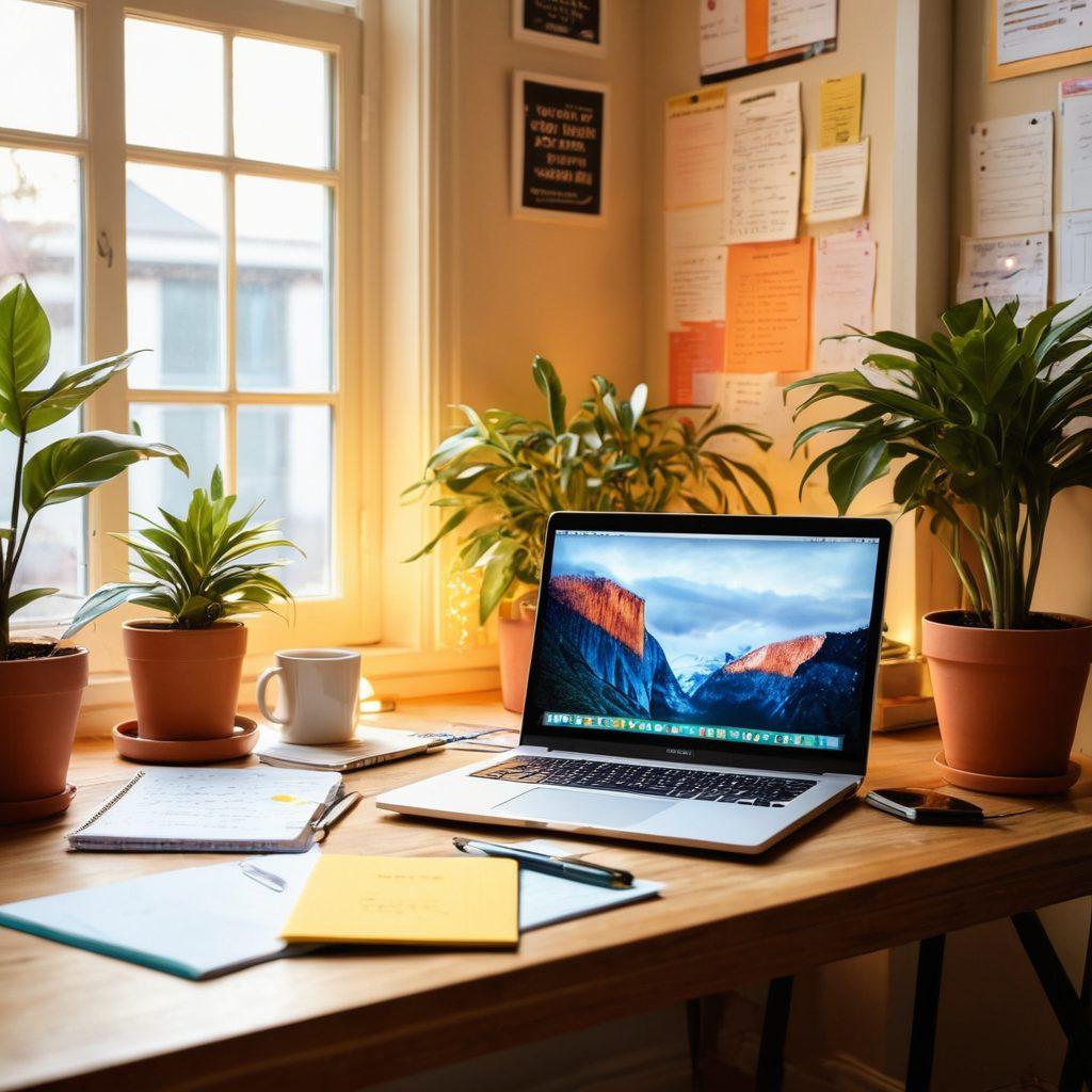 A creative workspace filled with colorful notes, inspiring quotes, and a laptop surrounded by vibrant art supplies. An open journal showcasing sketches and written ideas, with sunlight streaming through a window illuminating the scene. Include elements that symbolize engagement, like a cup of coffee and a potted plant for inspiration. super-realistic. vibrant colors. warm lighting.