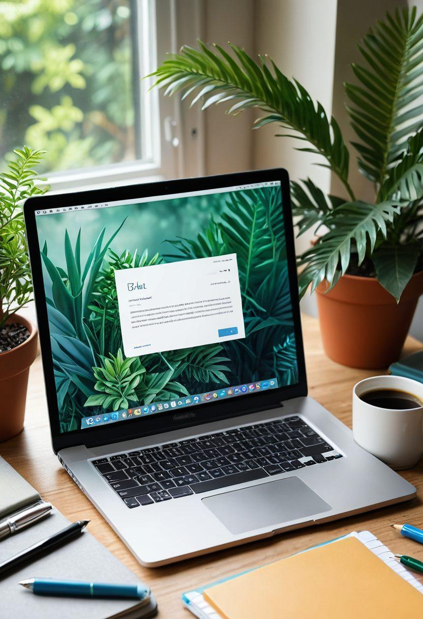 An open laptop displaying a vibrant blog interface filled with colorful niches like travel, food, and technology. Around the laptop, scattered tools such as a notepad, coffee cup, and pens, symbolizing creativity and productivity. The background features a balanced blend of warm and cool colors, representing harmony in writing. Include subtle elements of nature, like a plant or sunlight streaming in, for inspiration. super-realistic. bright and airy. 3D.